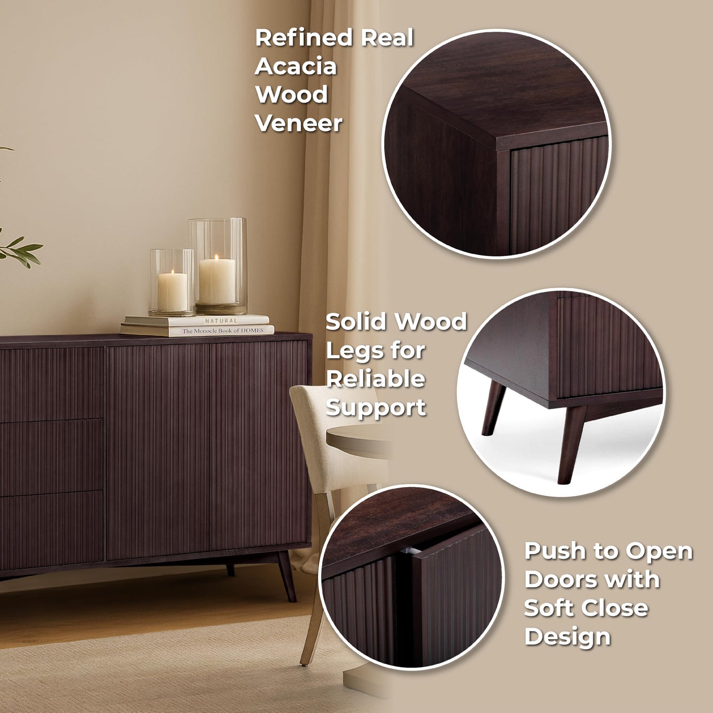 Teamson Home Tremolo 55″ Wide Sideboard Cabinet with 3 Deep Drawers & 2 Push-Open Doors, Adjustable Shelf & Rubber Wood Feet, Fluted Fronts in Contemporary Style for Living, Dining Room, Espresso