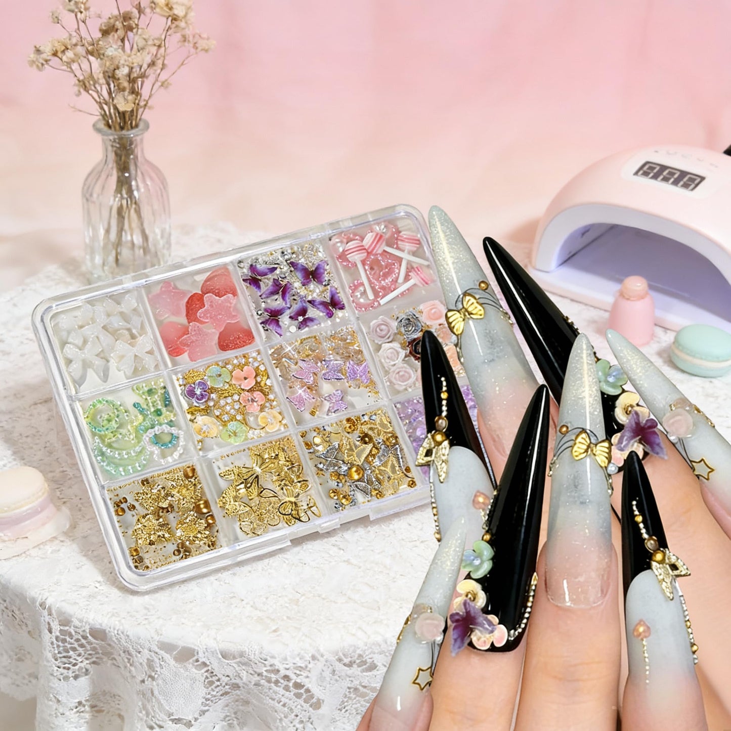 Chunmeng 3D Flat Back Nail Curse Set, Y2K Style, with Metal Butterfly, Peach Heart, Flower, Bow, and Heart Shaped - DIY Nail Decoration and Jewelry Making Mixed Nail Art Gemstone