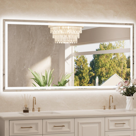 TETOTE 72 x 36 Inch Led Lighted Mirror for Bathroom Wall, Extra-Bright Beveled Bathroom Vanity Frontlit & Backlit Frameless Mirror with 3-Color Lights, Defogging, Tempered Glass, Waterproof