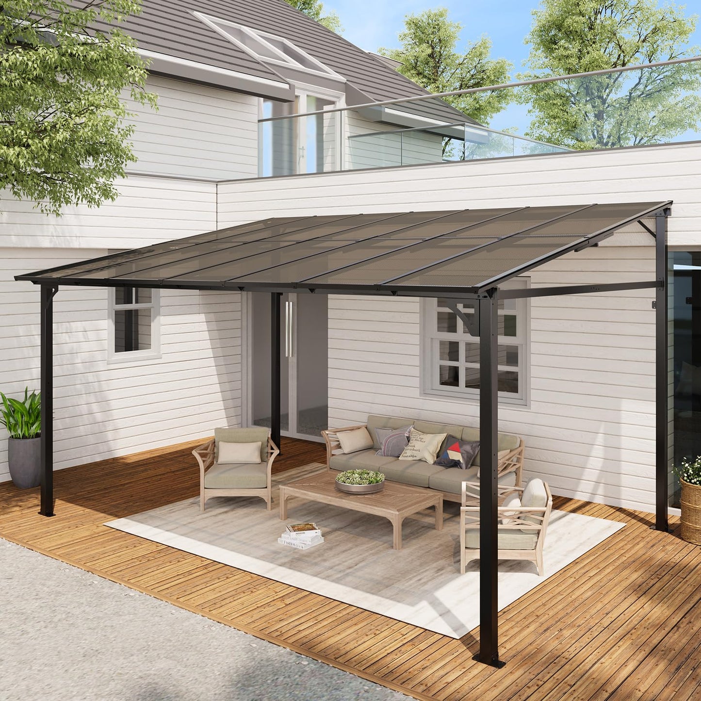 PeakPursuit Wall-Mounted Hardtop Gazebo Pergola - Heavy Duty Aluminum Frame - Waterproof Lean-to Patio Awning with UV Protection - Outdoor Shelter for Deck, Porch, Backyard - 10 * 14FT