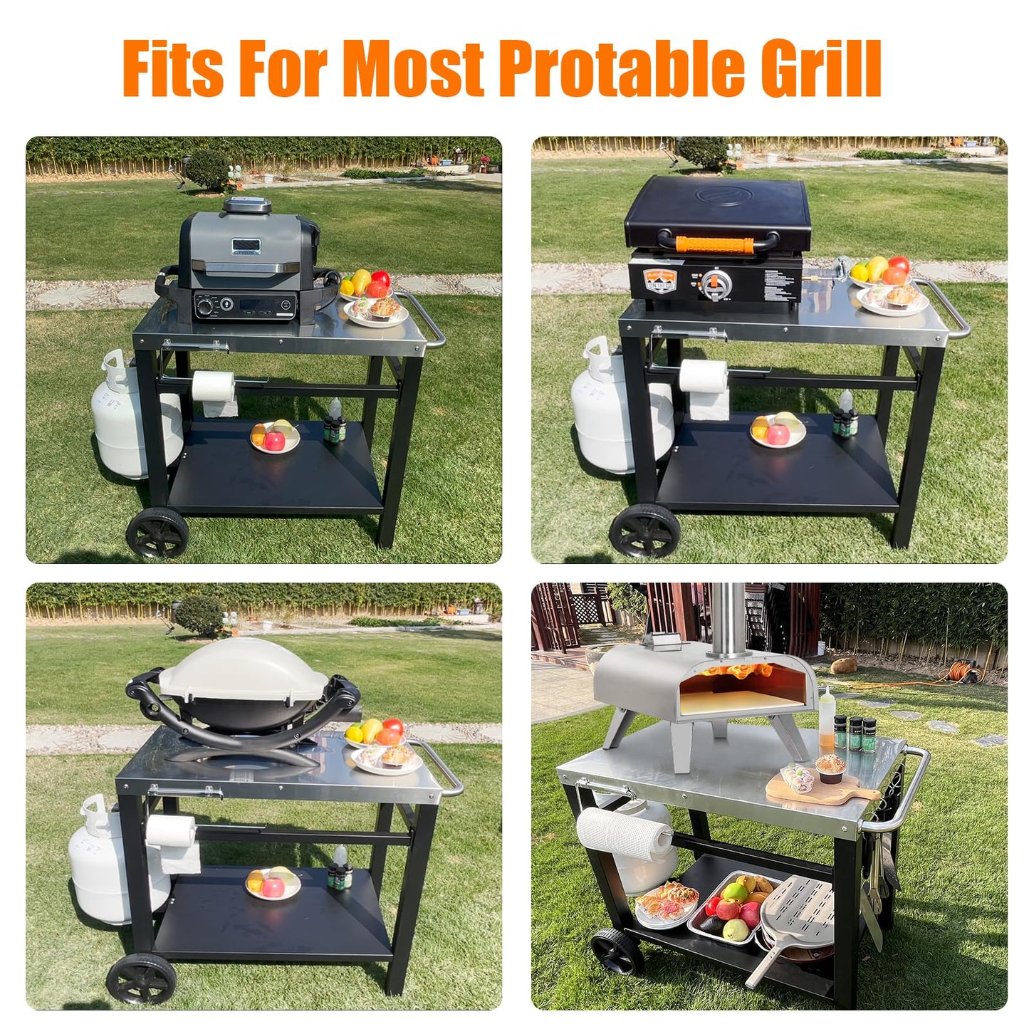 GRILL FORCE Grill Table, Movable Dining Cart, Pizza Oven Table Stand, Double-Shelf Grill Stand, Food Prep and Work Cart with Wheels, Hooks, Fits for Blackstone Ninja