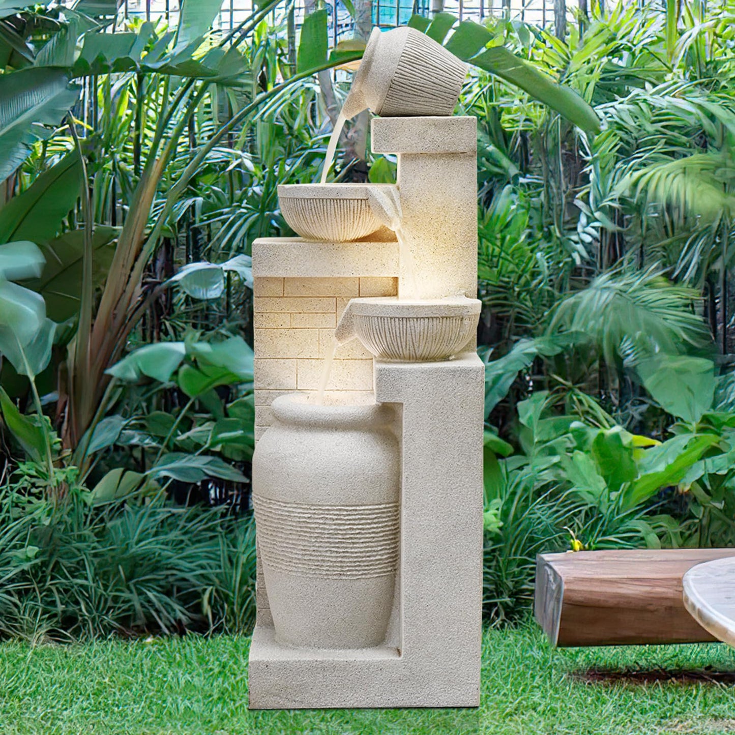 42.52" Outdoor Garden Water Fountain with Lights 4 Tiers Cascading Large Waterfall Floor Standing Fountain for Patio, Backyard, Deck, Porch and Home Art Decor