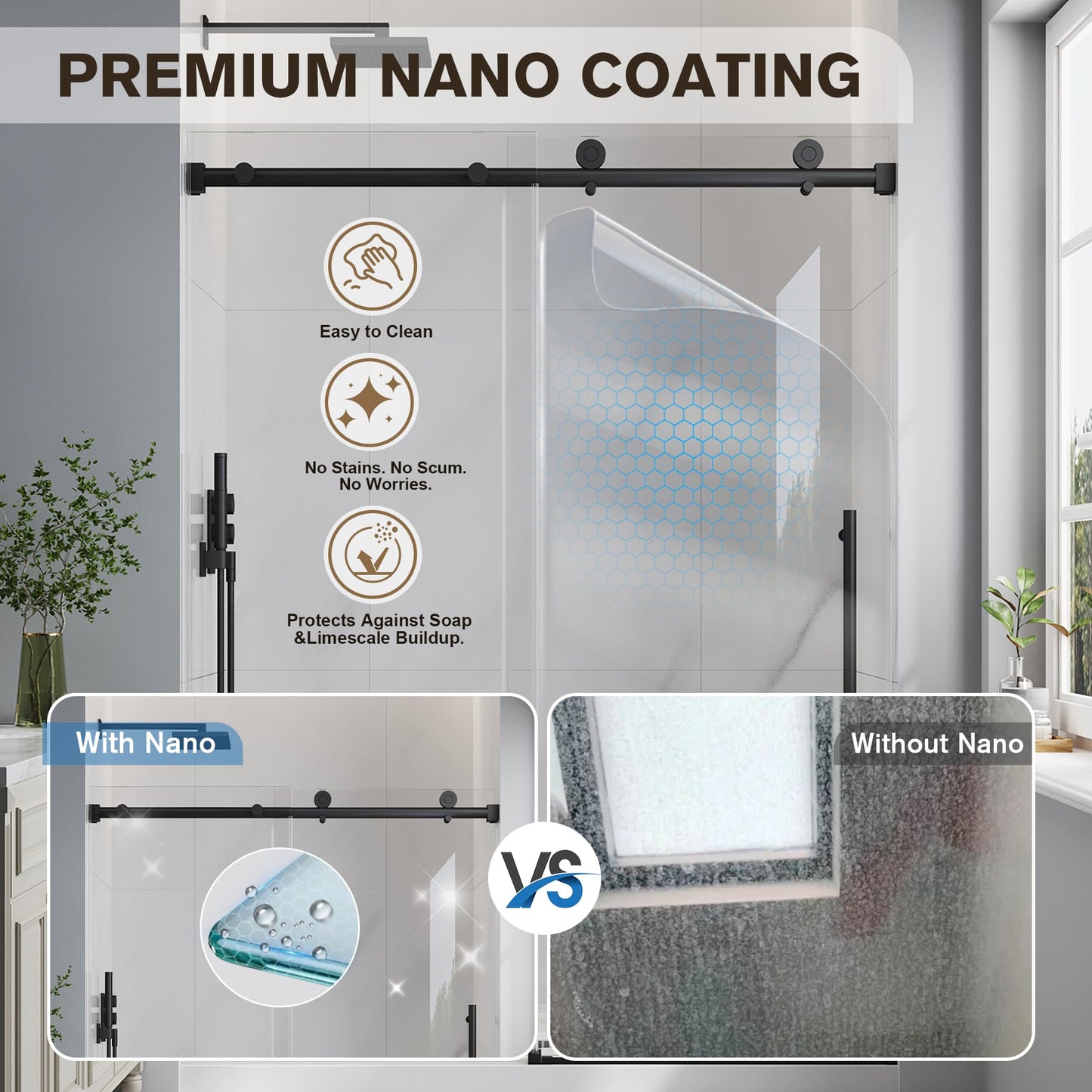 EASYWORC Frameless Glass Shower Door, 49-54" W x 76" H Sliding Frameless Shower Door, 1/4''(6mm) SGCC Tempered Glass,Explosion-Proof Film Nano Coating,Stainless Steel Hardware, Matte Black