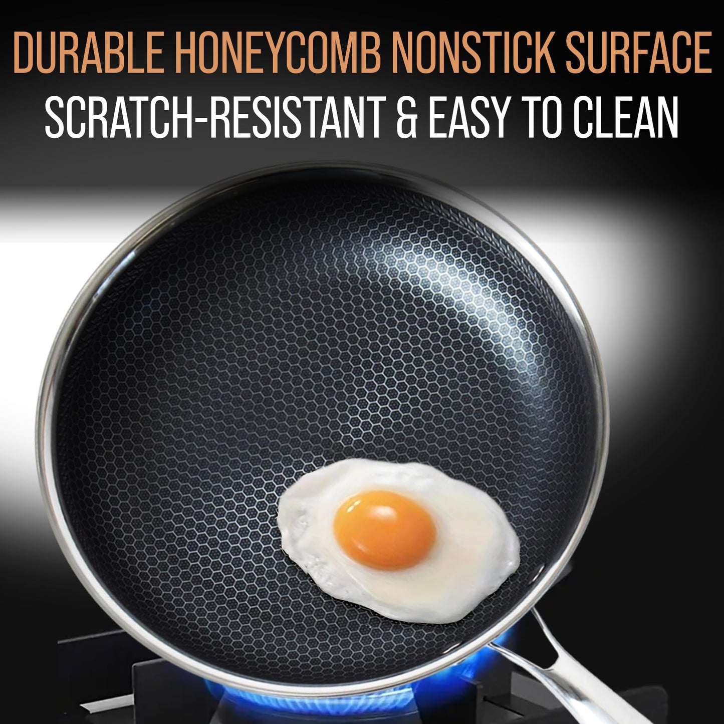 MUGAA Stainless Steel Frying Pan 3-Piece Set + Large Stainless Steel Cutting Board – Honeycomb Nonstick Skillets (8”, 10”, 12”) with Lids & Spatula, Double-Sided 304 Steel Board with Knife Sharpener