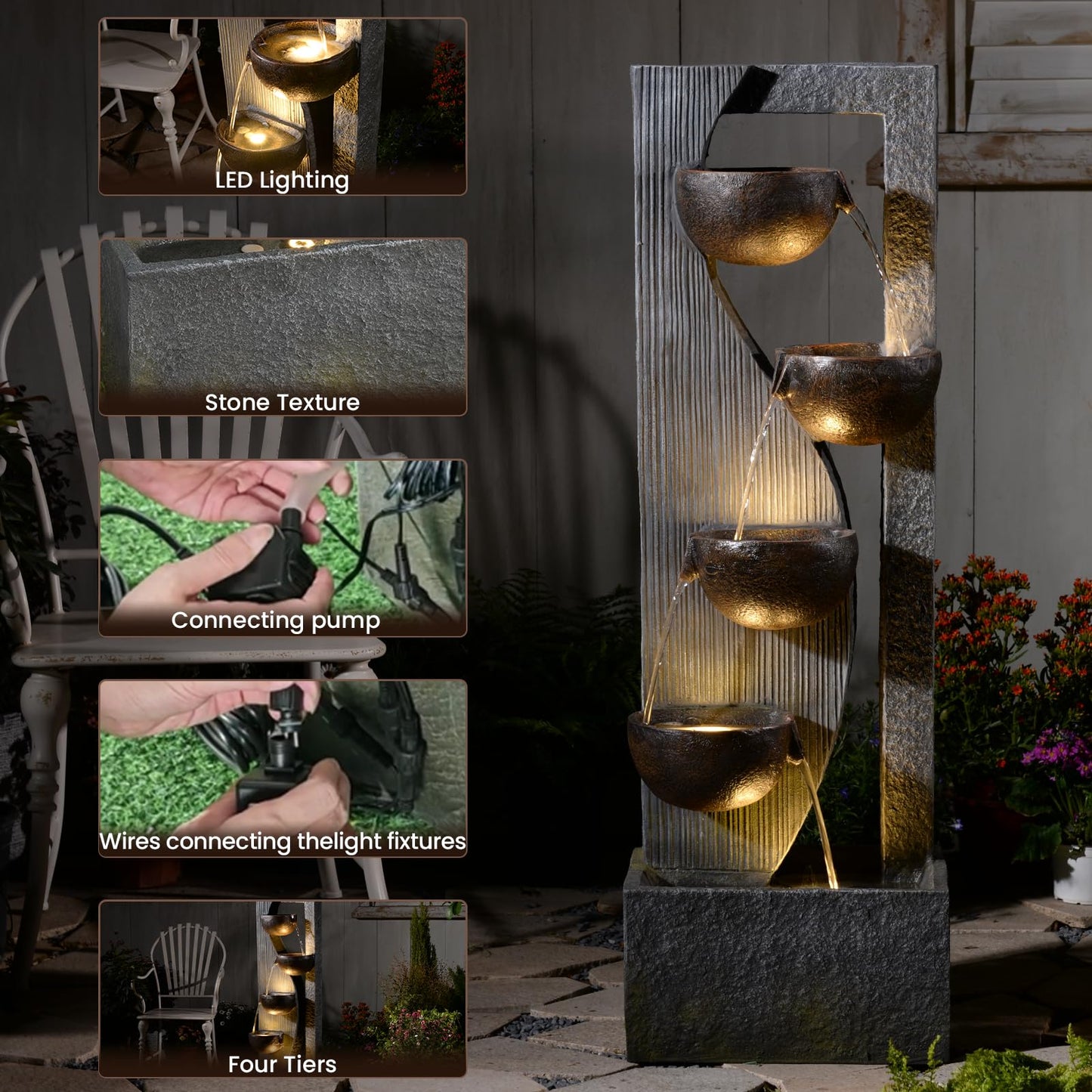 Sunlinua Outdoor Waterfall Fountain 5 Tier Tall Design 49.2 Inch Water Fountain with LED Lights and Pump Decorative Water Feature for Garden Patio Backyard