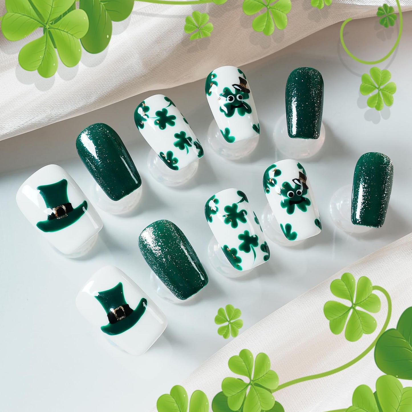 Tesytto Medium Coffin Press On Nails, Green Glitter & White Fake Nails with 3D Green Hat & Clover Print, Handmade Acrylic Nails Glossy Full Cover False Nails (Size S)