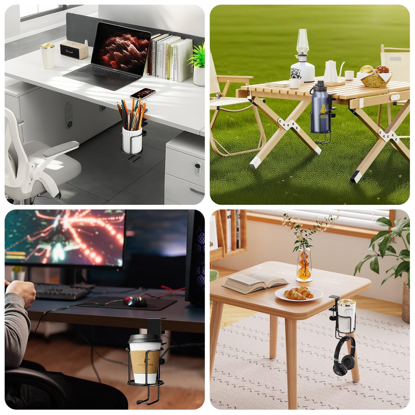 CABTE 2 in 1 Desk Cup Holder with Headphone Hanger Holder, Anti-Spill Clip-On Table Cup Hook with 360° Rotation for Lawn Chair, Office Home Gaming Table (1 Pack)