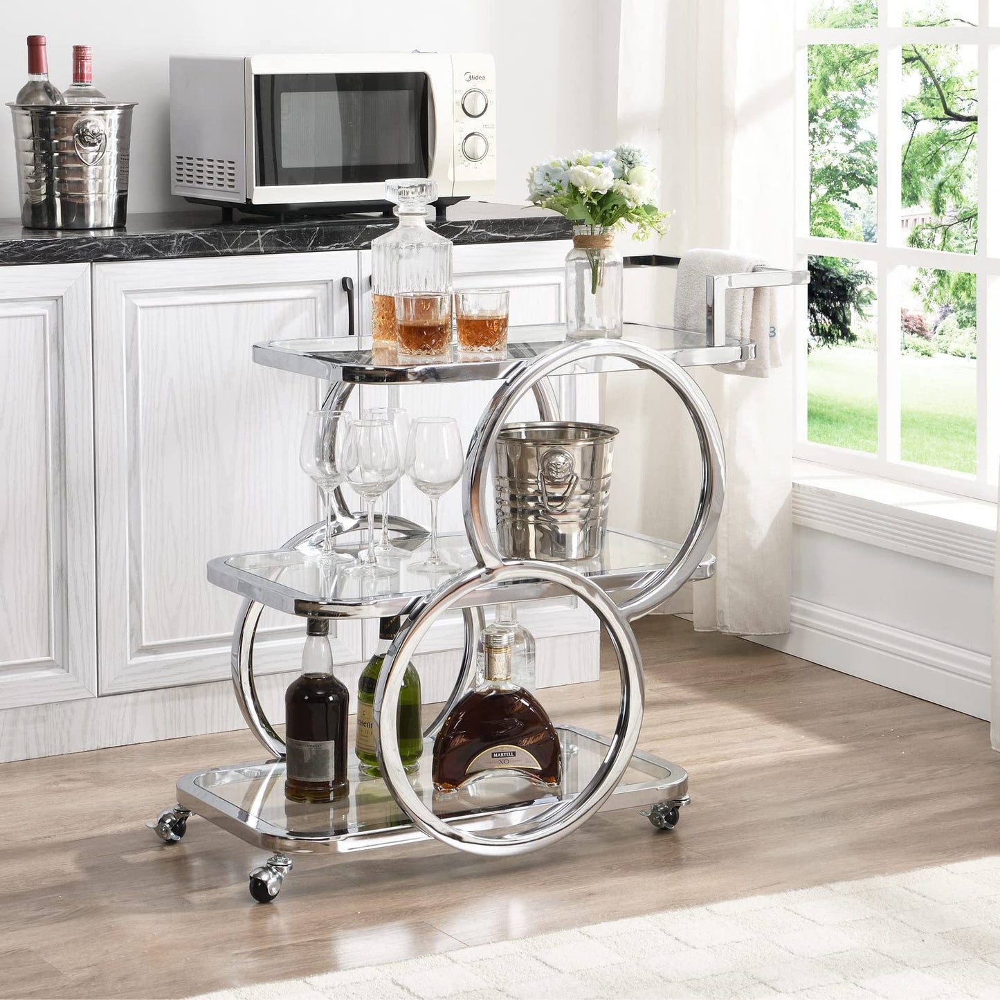 FERFALDER Home Bar Serving Carts 3 Tier Kitchen Carts on Wheels Mobile Bar Carts for Home Kitchen Dining Room Living Room Party, Chrome