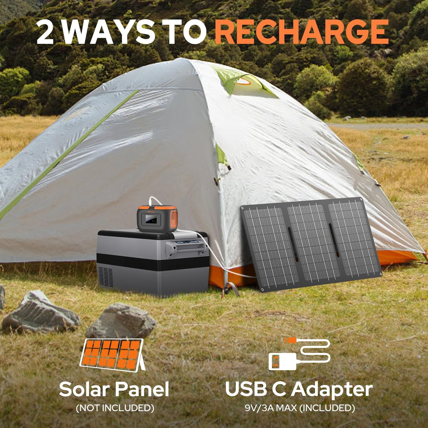 300W Portable Solar Power Station Generator with Foldable 60W Solar Panel Charger, 120W 110V Portable Power Bank with AC Outlet for Camping RV Van Home Outdoor Adventure Backup with USB C
