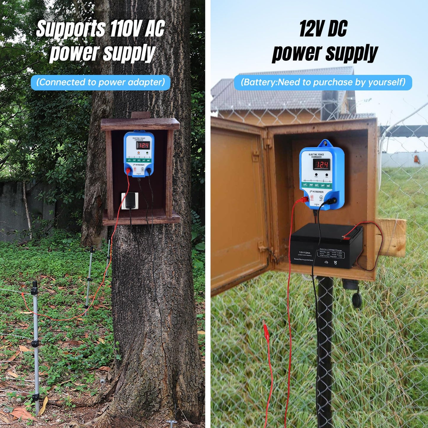 ATMOREA Electric Fence Charger kit, 12 kV High-Power Energizer with LED Display + 1640ft (500m) Aluminum Magnesium Alloy Wire + 100 Pcs Electric Fence Insulator