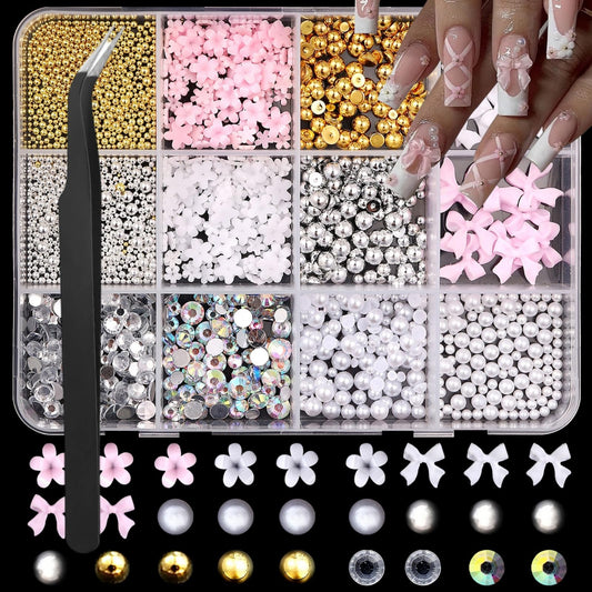 Flower Petal Nail Charms 3D Resin Pink Bow Nail Gems Cute Silver Gold Beads Nail Jewels Shiny Laser Pearl Rhinestones Nail Art Supplies for Women DIY Acrylic Nail 12 Grids 1 Box 12 Styles