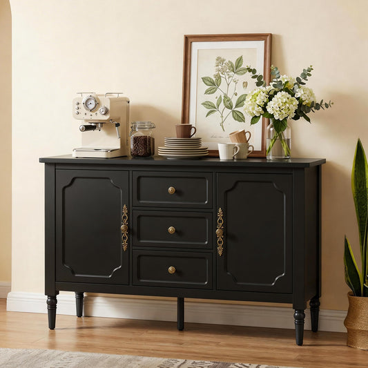 RoyalCraft Buffet Cabinet with 2 Doors & 3 Drawers, Vintage Sideboard with Storage, Painted Coffee Bar Table with Solid Wood Legs, Ideal for Entryway, Living Room, Dining Room, Black