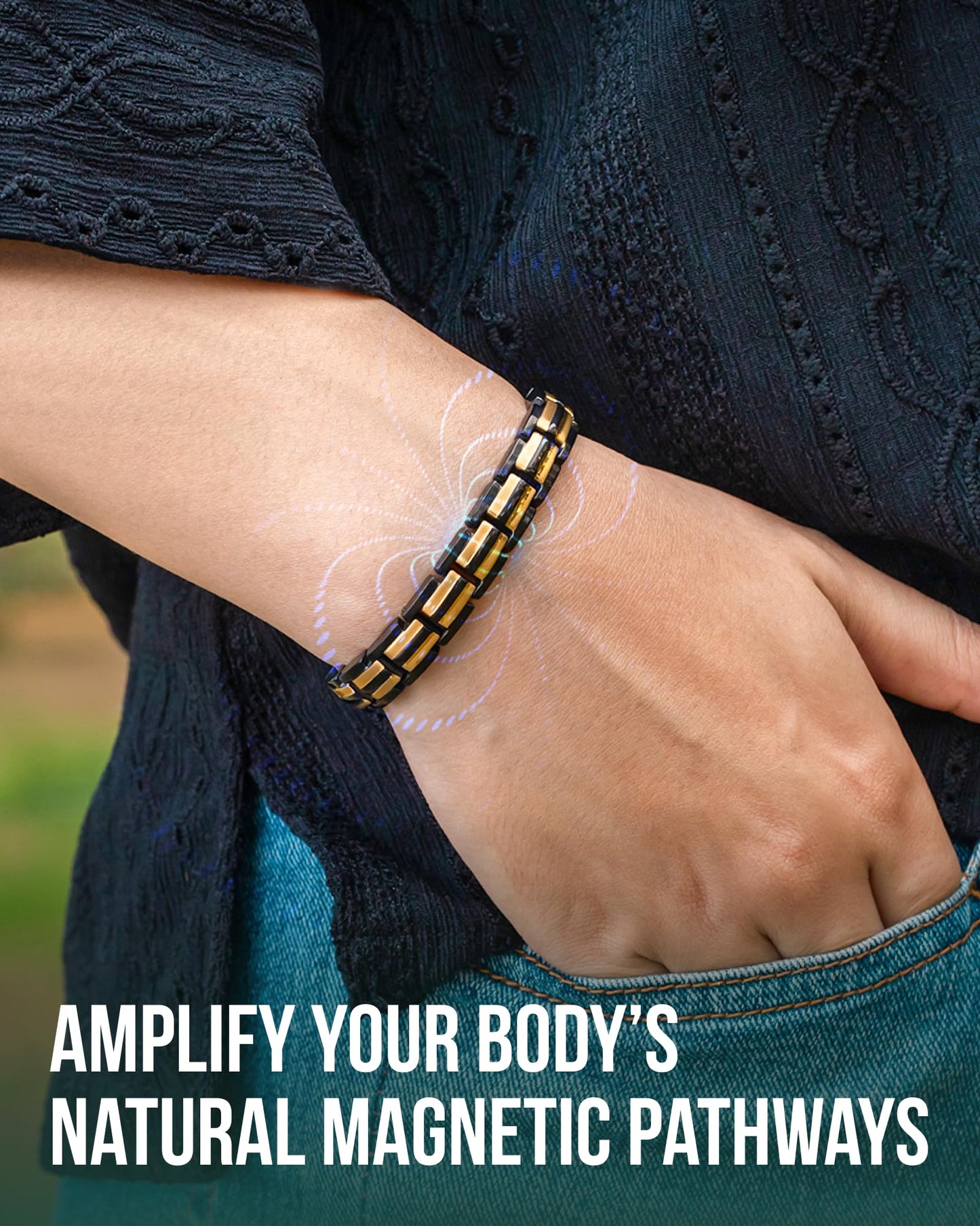 MagnetRX® Magnetic Bracelets for Women - EllipseMAX 5X Strength 5,000 Gauss Magnets - Designed in USA & PATENT PENDING - Premium Titanium Womens Magnetic Bracelet & Adjustable Length (Black/Gold)