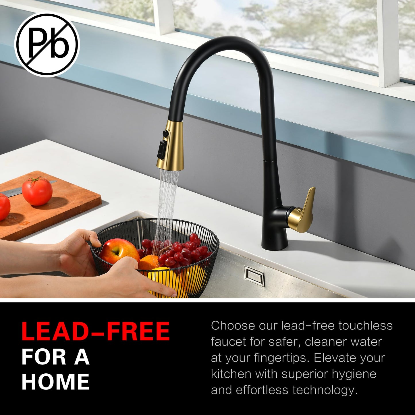 sumerain Hands-Free Touchless Kitchen Sink Faucet Single Handle Black and Gold Motion Sensor Pull Down Kitchen Faucet