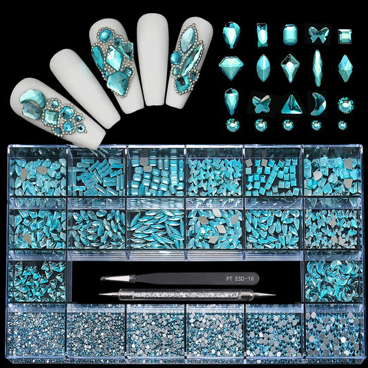 Yzzseven 14 Types of 700 Lake Blue Diamonds + 2100 Flat Rhinestones Mix 20 Styles Flatback DIY Crafts Rhinestone Crystals 3D Ornament‌s Flat Back Stones Set + Tweezers + Drill Pen