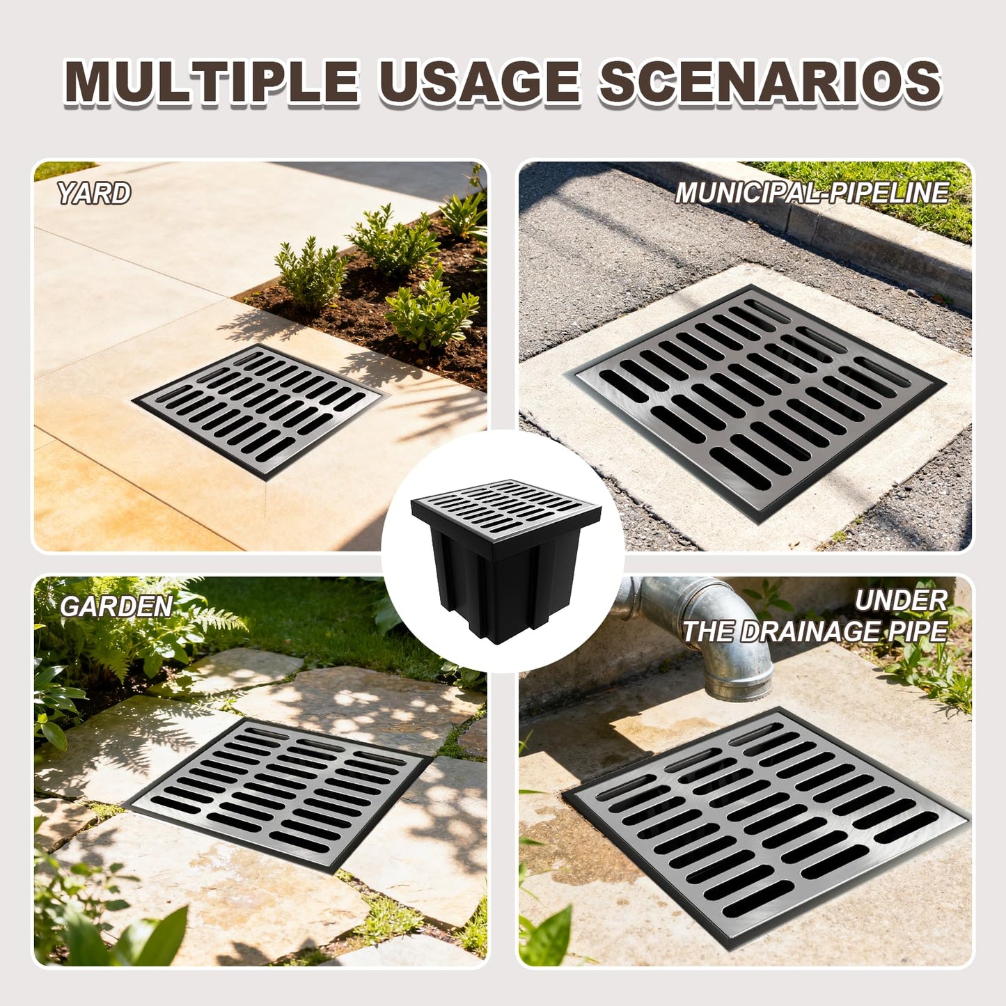 Catch Basin with 304 Stainless Steel Grate, 18x18x15 in Large Drainage Catch with Debris Basket, French Drain Basin Without Reserved Hole for Yard, Downspout, Patio, Municipal Pipeline (1)