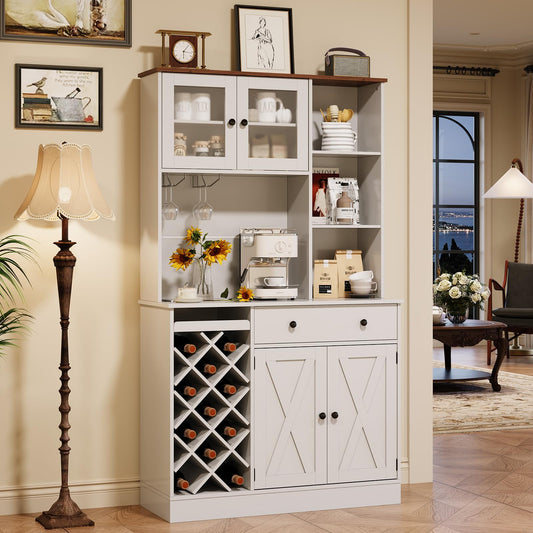 GarveeLife Tall Coffee Bar Cabinet with Wine Rack – Modern Sideboard Buffet, Barn Doors, Storage Hutch, Power Outlets, Glass Holder – for Dining Room, Kitchen, or Living Room – White + Light Walnut