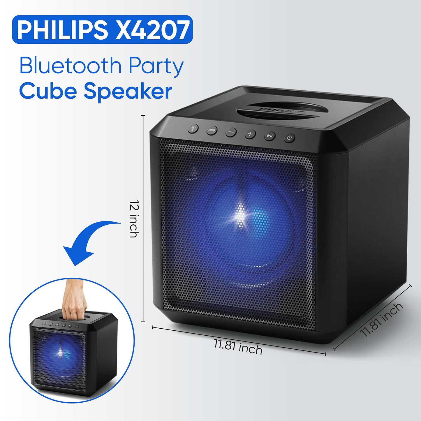 PHILIPS X4207 Bluetooth Party Speaker,100W Wireless Cube Speaker with Powerful Sound and Deep Bass, Supports USB/AUX/TWS, Mic Input and Vibrant Party Lights for an Immersive Experience.