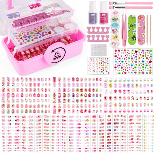 480 Pieces Press on Nails for Kids, EBANKU Girls Fake Nail Kit with Cute Nail Sticker Rhinestones Glitter, Nail Glue & Glue Removal & Sticky Tabs, Toe Separator & Other Manicure Tools w Storage Case