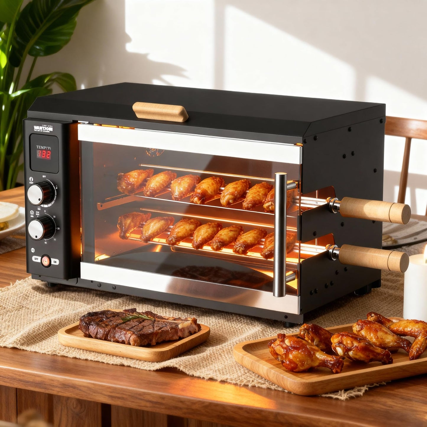 WantJoin Electric Rotisserie Oven - 35L 3-in-1 Rotisserie Grill Oven, Dual Skewers, Grilling Rack, 360°Auto-Rotate Heating, Rotisserie Cooker Machine for Home Kitchen & Party Use,1800W