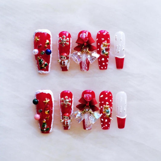 GLORS Christmas Press-On Nails, Long Ballerina Shape, Red and White Design with Snowman, Bows and Snowflakes, 10 Pieces (Small, LS)