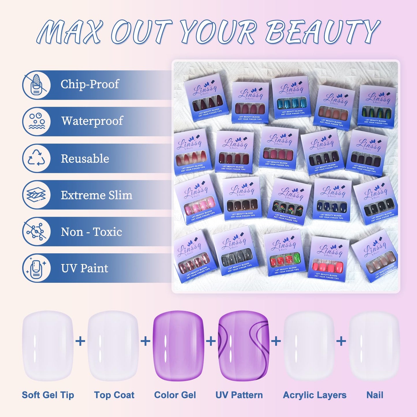 LINSSQ Full Cover 3D Shiny Crystal Press on Nails 24pcs, Short Squoval False Nails, Beauty Manicure Kits Reusable Fake Finger Rhinestones Nail Art Tips for Daily Office Party