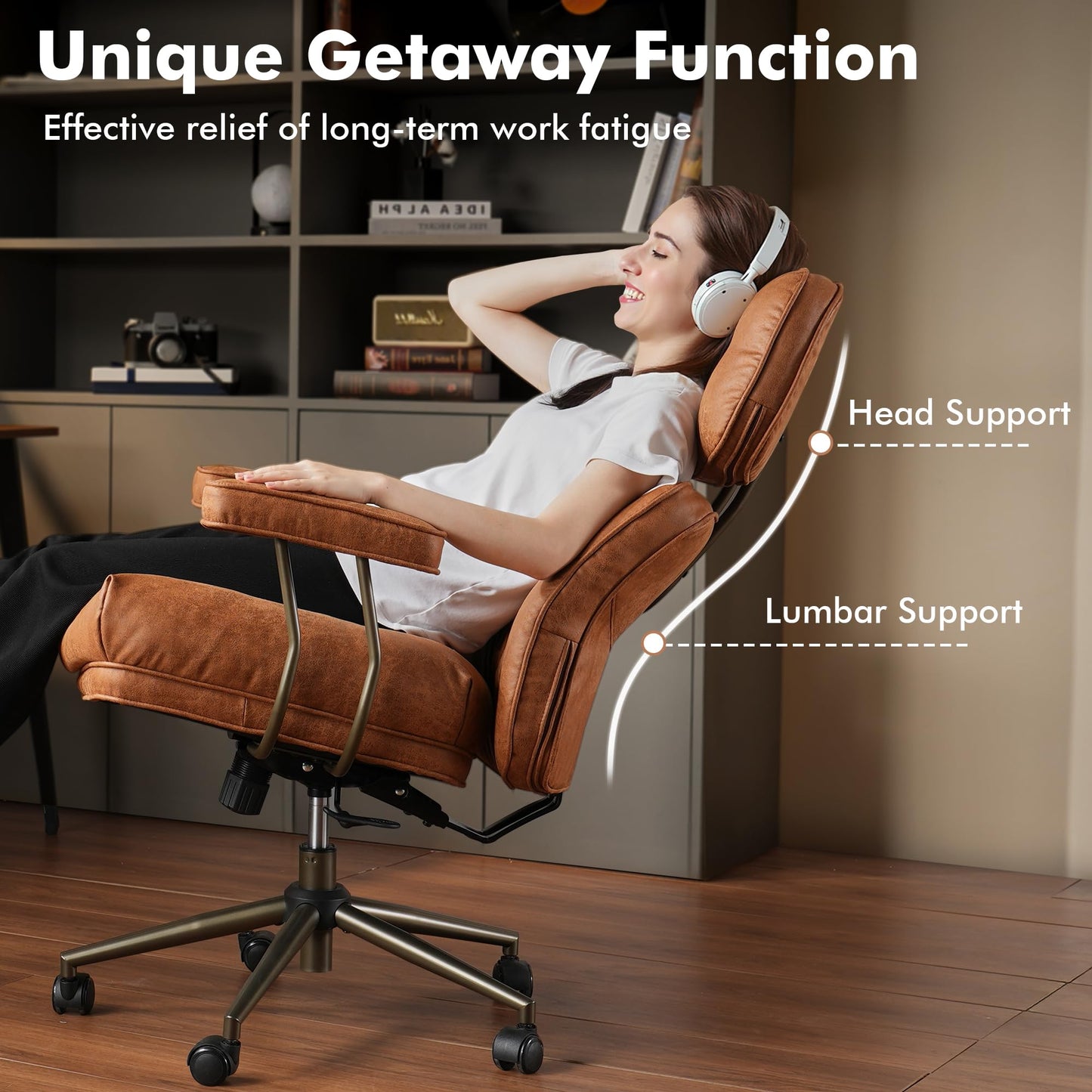 weaxty W Brown Leather Home Office Chair, Ergonomic High Back Executive Chair with Deep Seat Thick Cushion, Mid Century Modern Big and Tall Computer Desk Chair with Lumbar Support (Light Brown Suede)