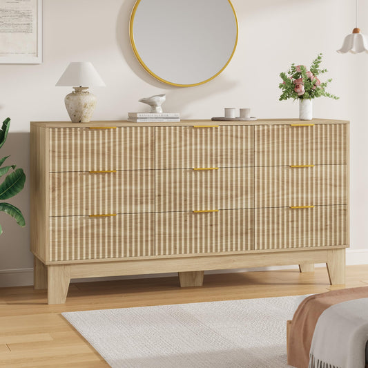 Garvee 9 Drawer Dresser for Bedroom, 59" Wide Fluted Chest of Drawers with Metal Handle, Modern Wooden Dresser TV Stand, Clothes Storage Organizer Wood Closet for Hallway, Entryway, Natural Oak