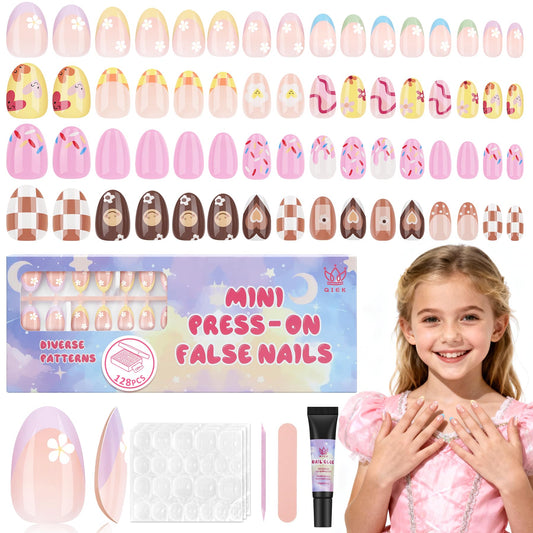 Qiek 16 Sizes 128 Pieces Press on Nails for Kids, 4 pack Kids Nail Kit Colorful Flower Almond Fake Nail Tips for Girls 8-12 Years Old with Jelly Nail Adhesives & Nail Glue Birthday Easter Gifts
