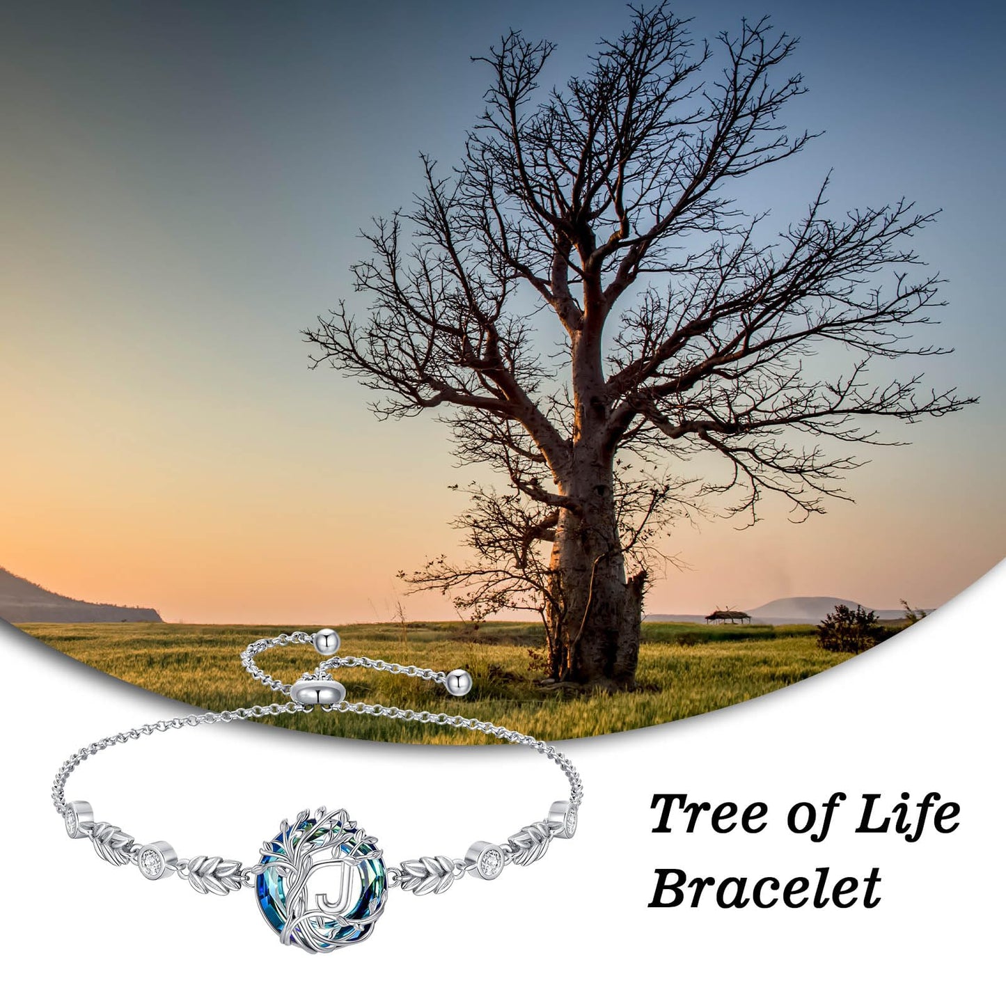 TOUPOP Tree of Life Initial Bracelet Sterling Silver Initials J Letter Link Bracelets Blue Circle Crystal Family Tree Birthday Mothers Day Jewelry Gifts for Women Mom Wife