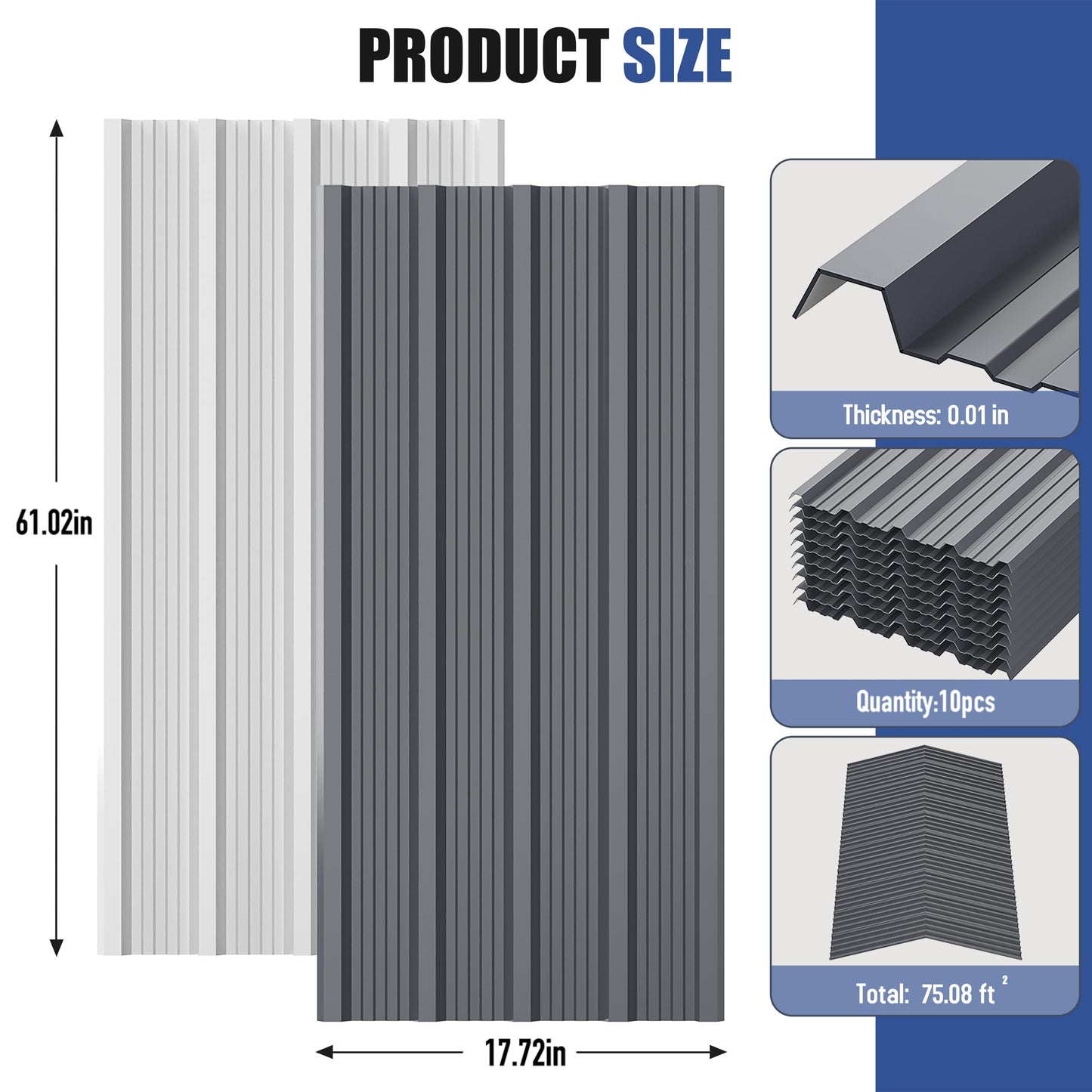 Brakki Corrugated Metal Roofing Panels 10pcs 75.3 ft², Grey Galvanized Steel Roof Panels with Screw, Heavy Duty Metal Siding Suitable for Garages Chicken Coop Sheds Stables Patio