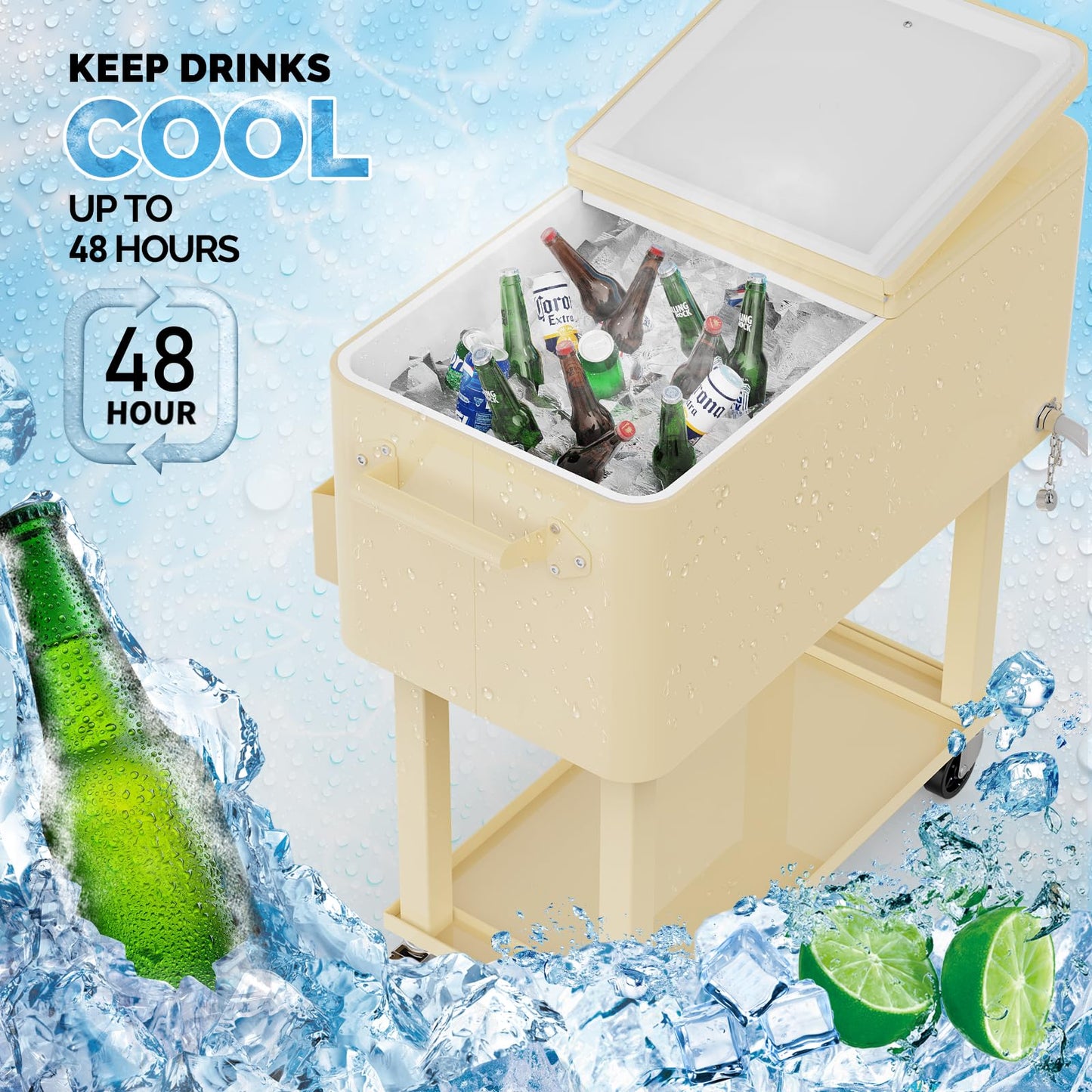 VINGLI 80 Quart Rolling Ice Chest, Portable Patio Party Bar Drink Cooler Cart, with Shelf, Beverage Pool with Bottle Opener (Beige)