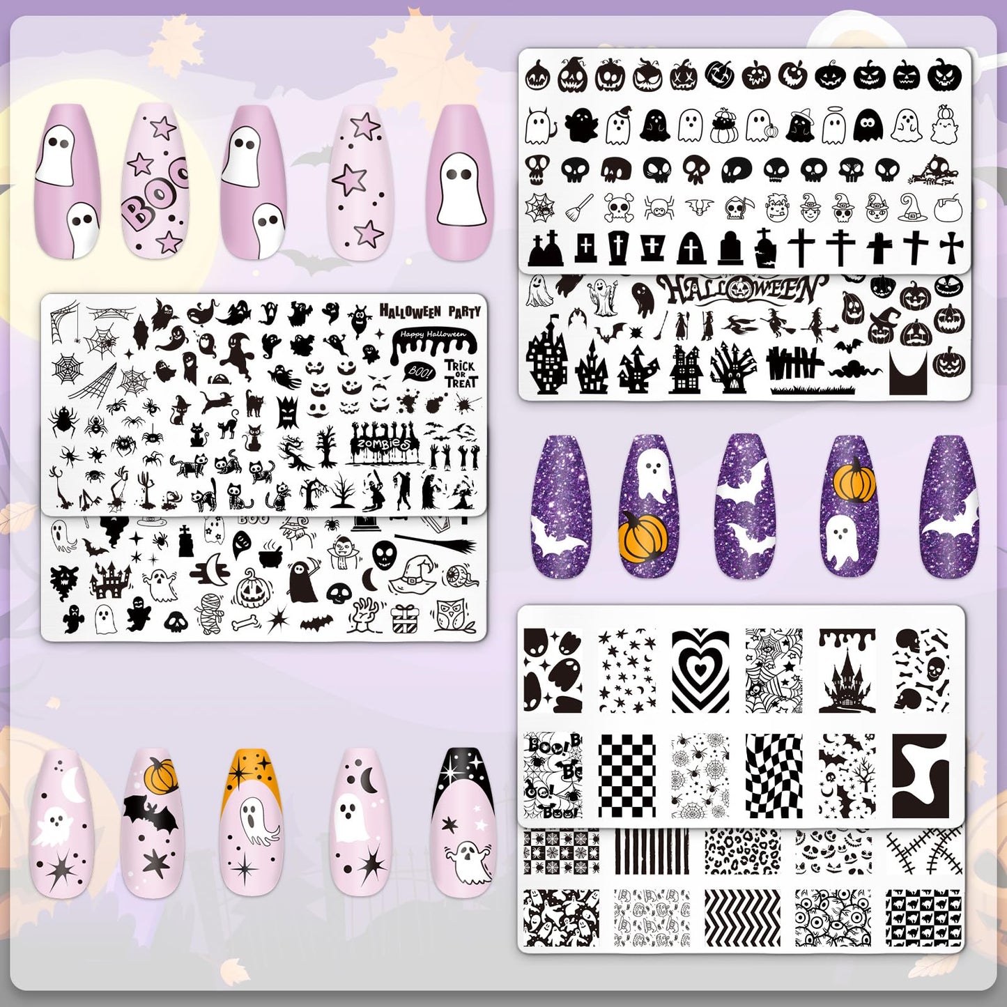 Whaline 6Pcs Halloween Nail Plates Stamping Set Pumpkin Ghost Skull Stamp Templates Nail Art Plates for DIY Print Manicure Salon Design Gift