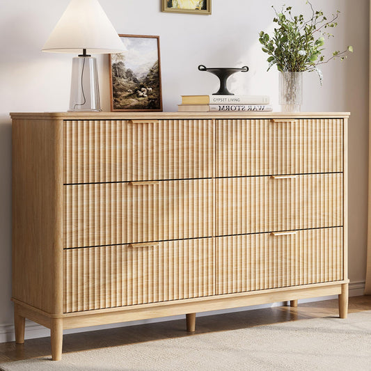 LINSY Fluted 6 Drawer Dresser for Bedroom, 54" Wide Mid-Century Modern Tall Chest of Drawers, Deep Storage Dresser with Curved Corner Design, Large Accent Wood Cabinet for Bedroom, Oak