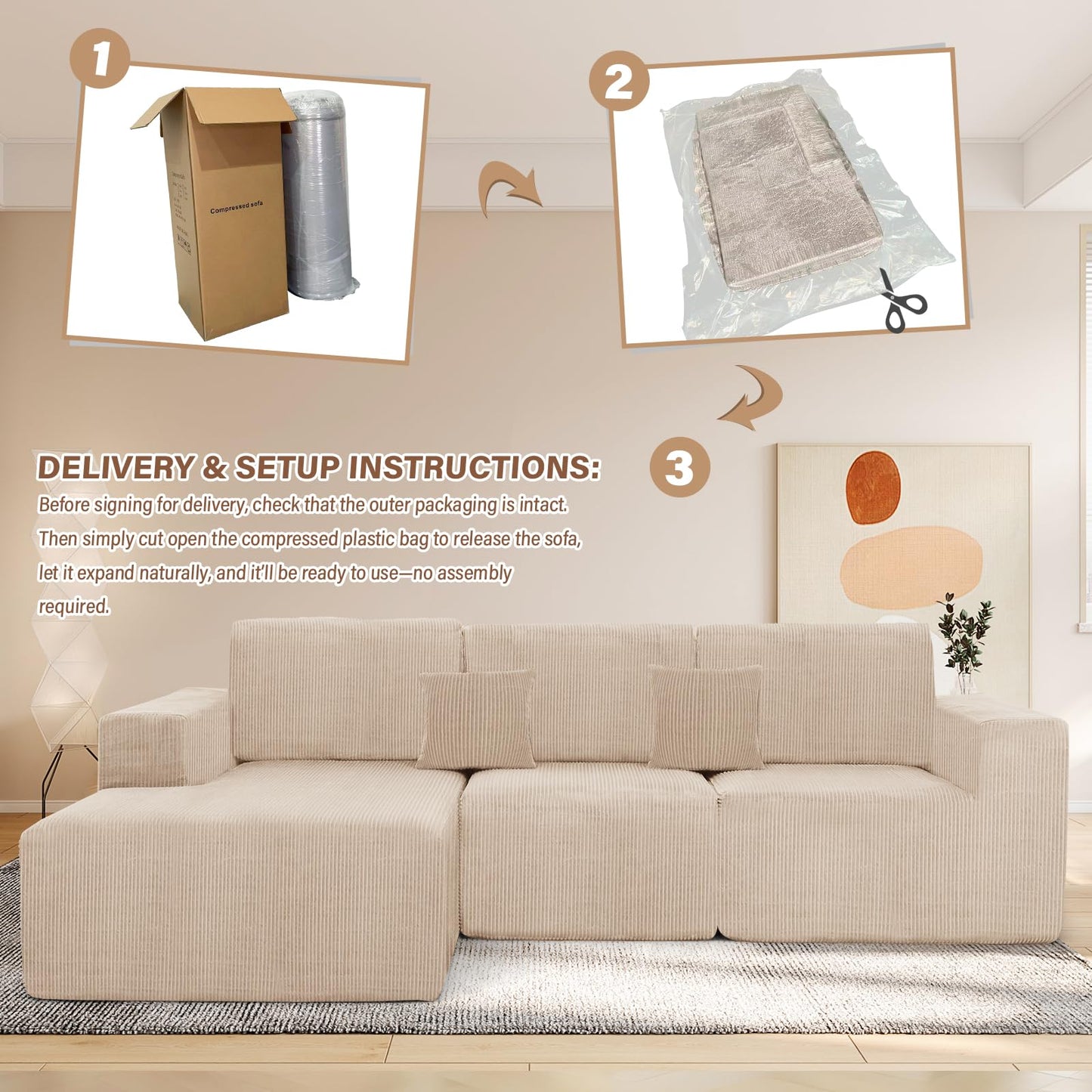 Boneless Couches for Living Room L-Shape Chaise Cloud Couch Modular Sectional 3 Pieces Deep Seat 111" Compressed Couches for Living Room Bedroom with Plush Corduroy Fabric No Assembly Required, Khaki