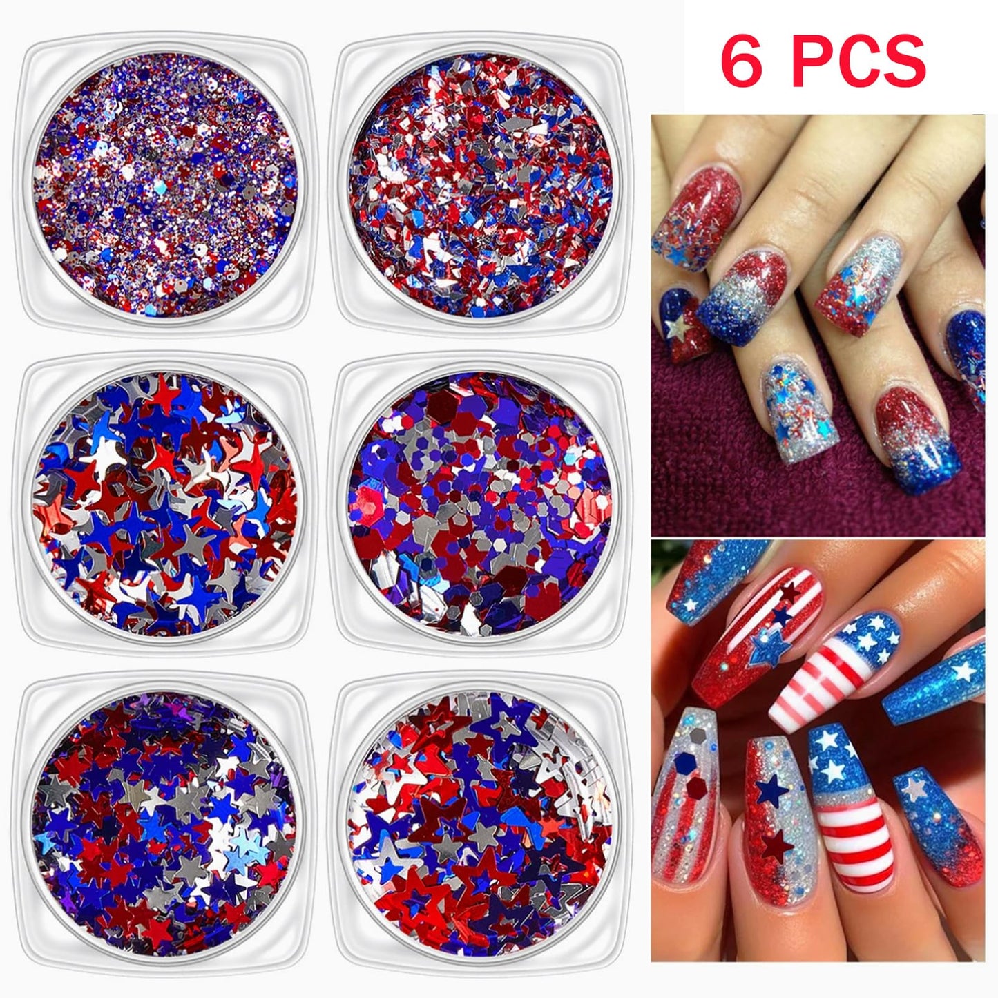 Independence Day Star Nail Glitter July 4th Nail Art Sequins Holographic Patriotic Red Blue Silver Mix Hollow Star for Women Girls Face Body Nail Art Decoration 6 Boxes