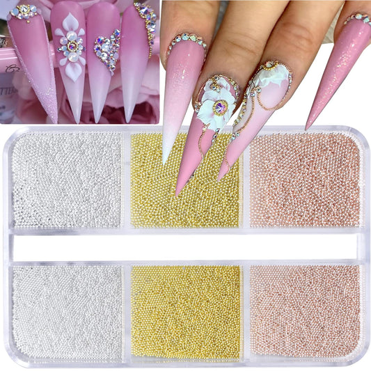DZHILHMX Small Nail Beads - Gold Silver Rose, Multi Size 3D, Round, Metal, Mini Steel Beads Ball Caviar, Nail Charms Design for Nail Art