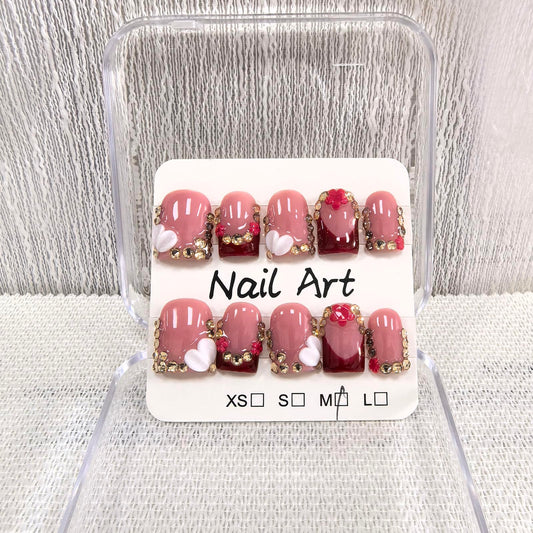 Handmade Press on Nails Square Short Fake Nails French Tip Red with 3D Flower Designs Rhinestones luxury Glossy Cute Acrylic Nails for Women 10pcs (Size M）