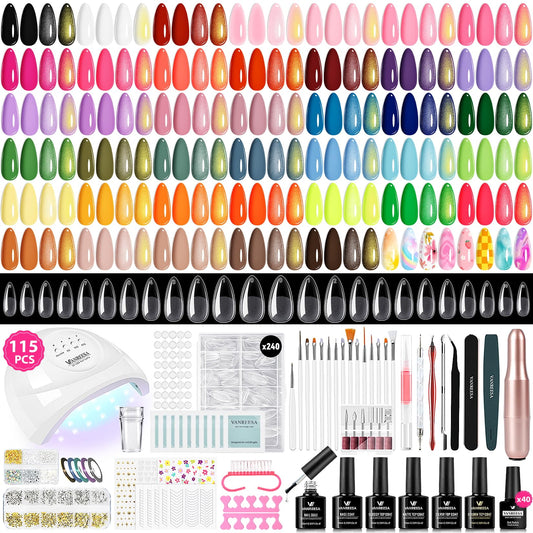 VANREESA 115Pcs Gel Nail Polish Kit with U V Light Nail Drill Almond Nail Tips -40 All Seasons Colors Gel Polish Set with 5Pcs Base Top Coat Gel Nail Kit for Beginners with Everything Gifts for Women