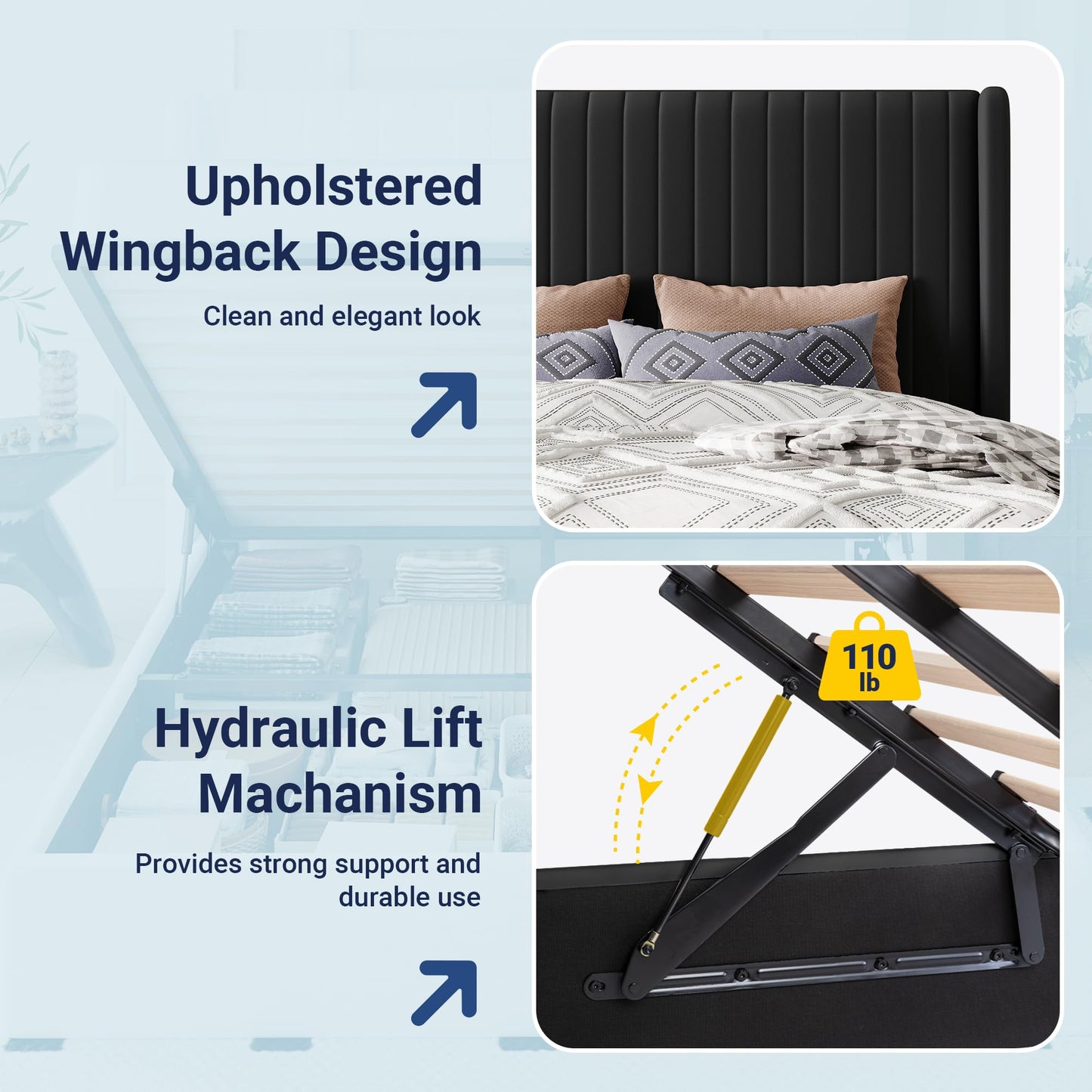 Allewie Queen Size Lift Up Storage Bed Frame, Hydraulic Support System, Upholstered Platform Bed Frame, Underneath Storage, Vertical Channel Tufted Headboard with Wingback, No Box Spring Needed, Black