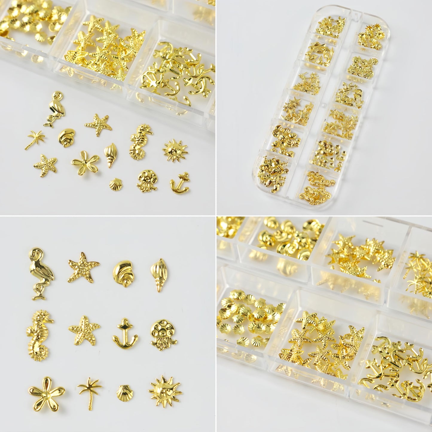 Gold Nail Charms Summer Ocean 3D Metallic Sun Flower Seahorse Jellyfish Starfish Nail Rhinestones Alloy Shell Coconut Tree Nail Jewelry Mixed Style Metallic Nail Rivets Nails Supplies for Women