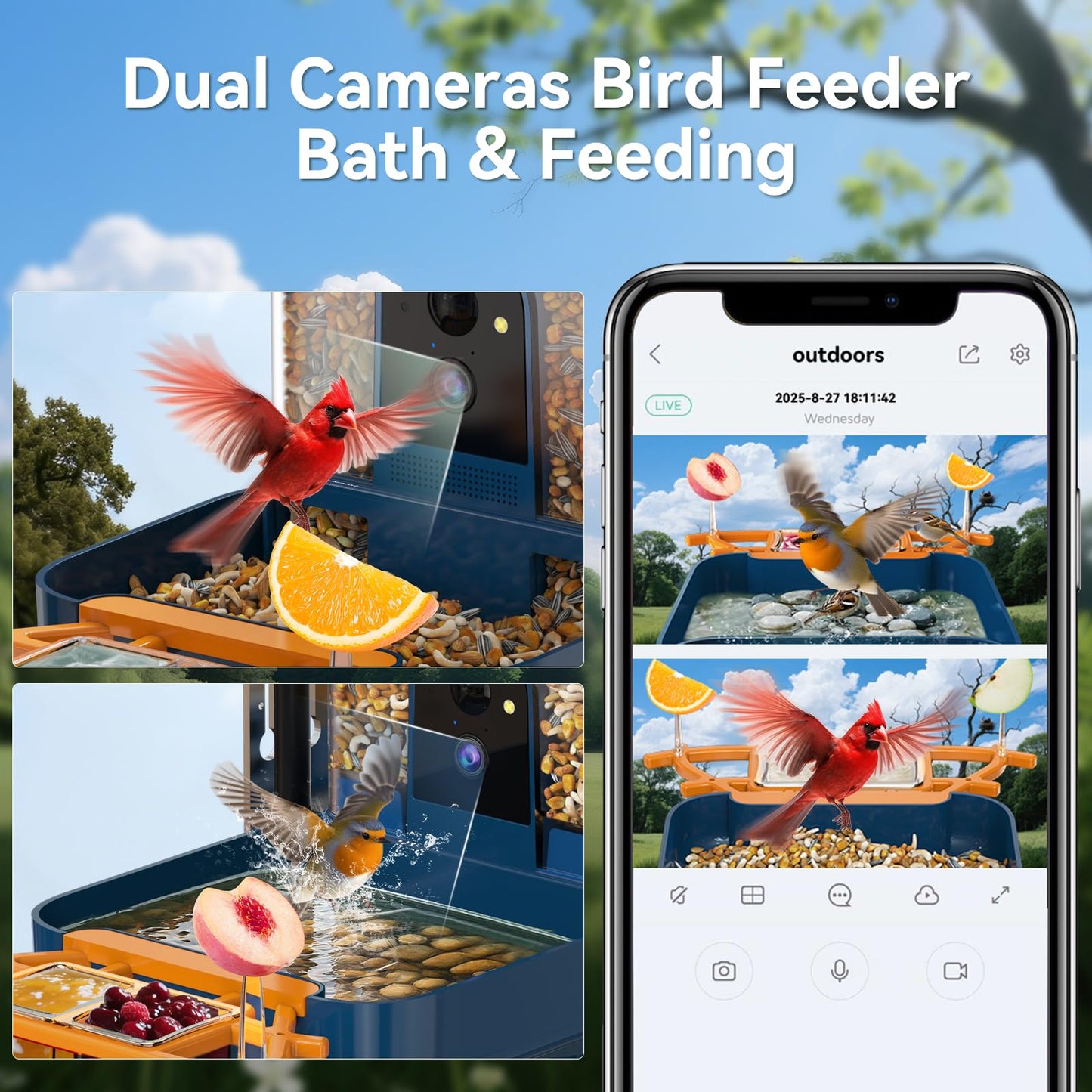 KUIKEO Dual-Lens Bird Feeder with Camera & Bird Bath Combo, Watch Birds Eat & Bathe with WiFi 2K HD Video, Auto Record, AI Recognition, APP Alerts, Solar Powered, for Backyard Garden Porch Fence Decor