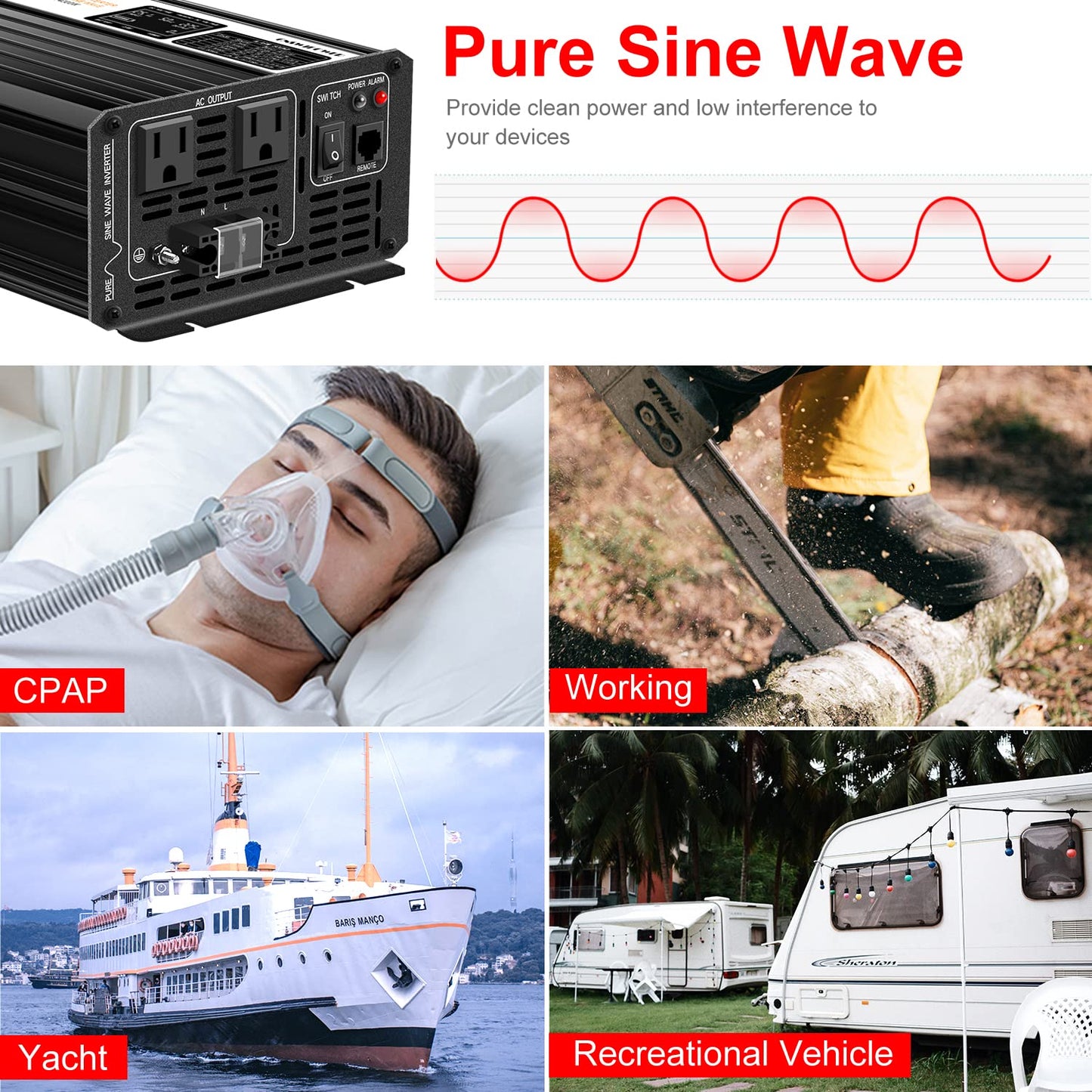 Xijia 2000W Pure Sine Wave Inverter，12V to 120V AC Converter for Home，Solar Systems，Remote and Bluetooth Control for Truck，Camping，with 2 AC Socket，Surge Power 4000W