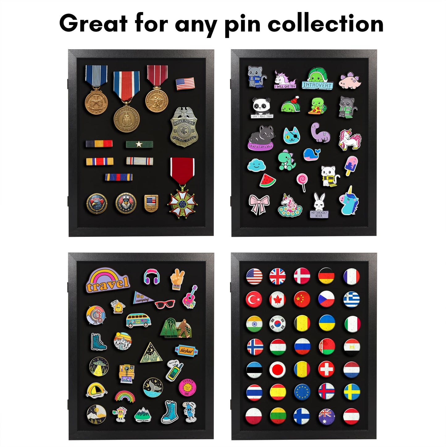 Americanflat 14x18 Pin Display Case - Ideal for Enamel Pins, Medals, Jewelry, Memorabilia - Silhouette Collection - Black Pin Collection Display with Polished Plexiglass for Wall Decor