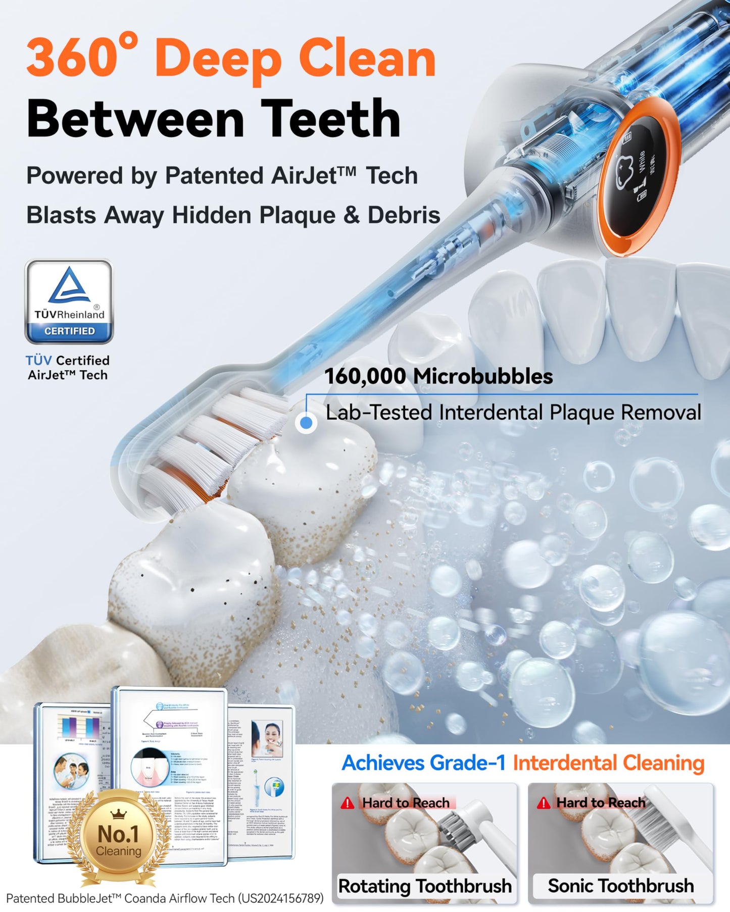 RANVOO AirJet X3 [AI Max Jet Clean] [Flossing & Sonic Brushing 2-in-1] Electric Toothbrush for Adults, 100% Plaque Removal, Whitening, 60-Day Battery, Soft & Gum Care for Sensitive Teeth/Braces White
