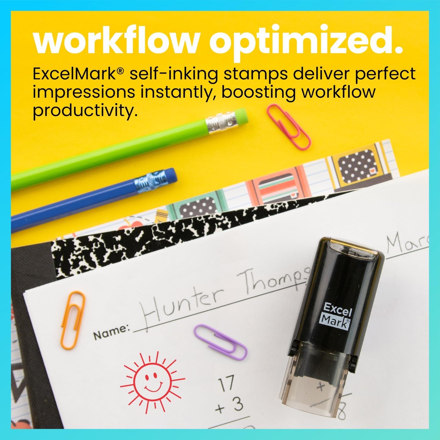 ExcelMark Happy Sun - Round Self-Inking Teacher Stamp - Red Ink