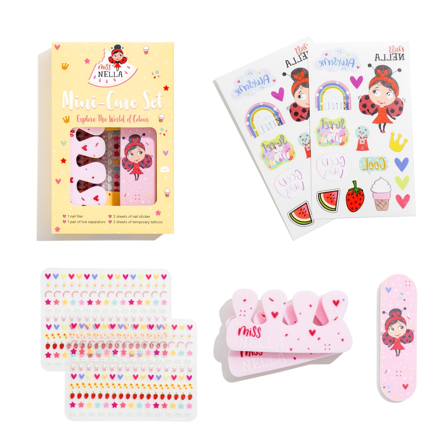 MISS NELLA NAIL KIT & NAIL POLISH- Accessories set for kids Nail Varnish- peel off nail polish, nail stickers, tattoos, nail filer & toe separators- all designed foe children hands & toes