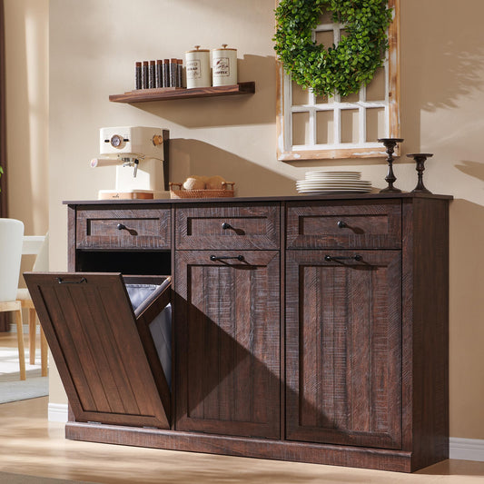 IFGET Triple Tilt Out Trash Can Cabinet, 20 Gallon Farmhouse Laundry Hamper Cabinet w/3 Drawers & Adjustable Shelf, Hidden Wooden Trash Can Cabinets with Storage Basket for Kitchen (Brown)