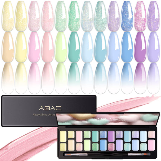 ABAC Pastel Shimmer Solid Gel Nail Polish,Ombre Gel Polish for Pat Painting,Spring&Summer Easter Hema-free 24 Colors Soak Off Gel Polish Kit w/Nail Art Brush for Salon and Nail Art DIY at Home