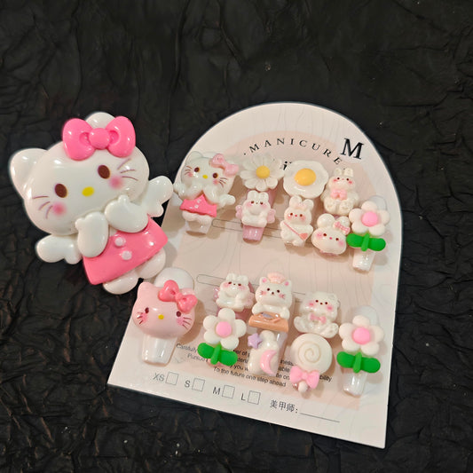 11Pcs(1Pack) Handmade Press On Nails Long Square Nails 30mm Creamy Tale Nails White Pink Yellow 3D Flower Bow Glossy Cute Design with Ring for Women Party Daily Wear Size L